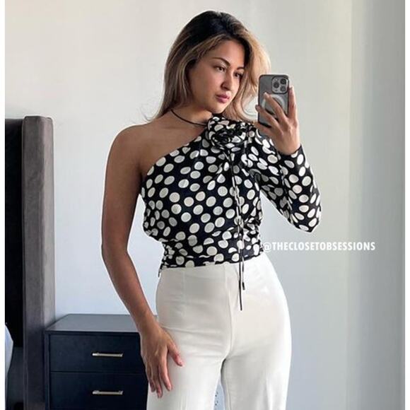 MANGO Asymmetrical Polka Dot Satin Blouse ✨🖤🤍 NWT - Picture 14 of 16